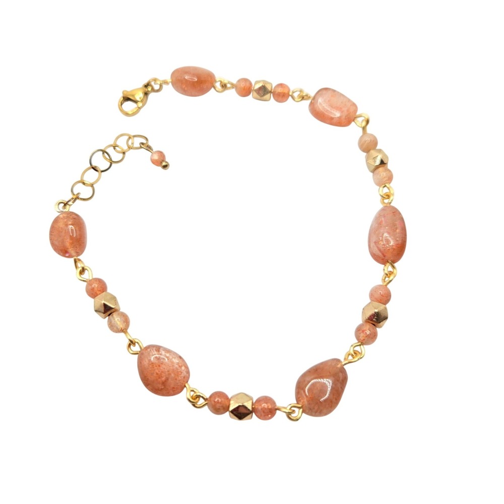 Natural Sunstone‎ Beaded Bracelet 24k Gold Plated, Adjustable Handcrafted
